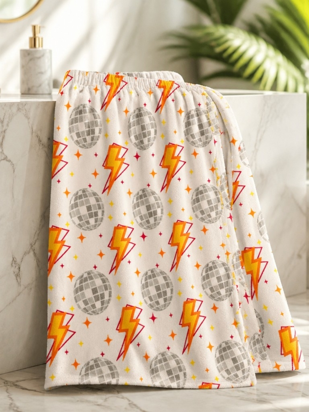 White Swim Coverup with Orange & Yellow Lightning and Gray Disco Ball